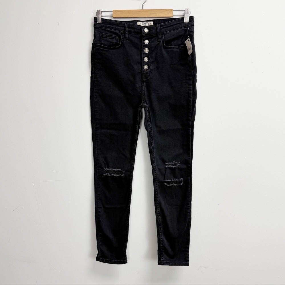 Free People Jeans Womens 30 Black Button Fly Sabrina Skinny Distressed NWT